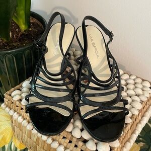 Via Spiga Hillary Black Patent Leather Strappy Heels